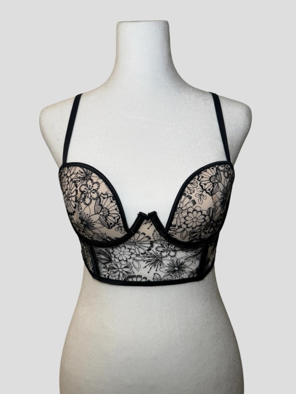 Victoria's Secret Luxe Lingerie Black & Cream Floral Corset Bustier Bra